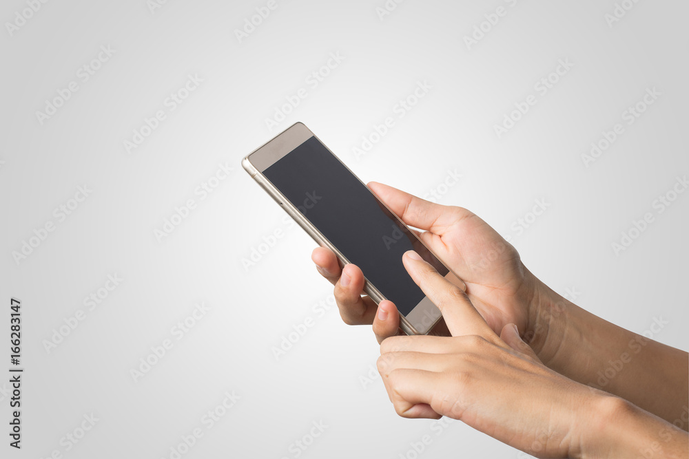 Woman Hand holding smart phone blank screen. Copy space. Hand holding smartphone isolated on white background. Woman Hand holding smart phone blank screen. Copy space. Hand holding smartphone isolated on white background.