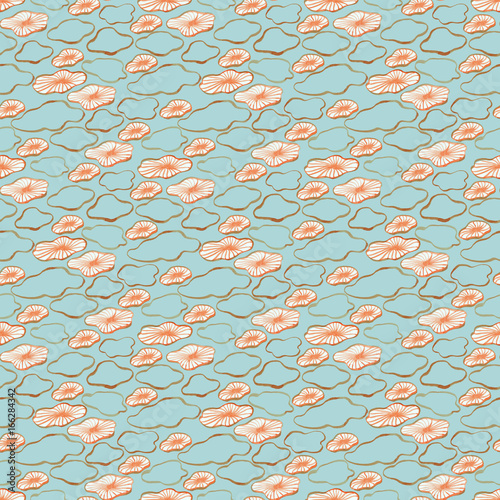 Sea watercolor seamless pattern with jellyfishes and abstract water lilies. Colorful ocean seamless pattern on blue background. Seamless pattern with sea red jellyfishes. Ocean, water, sea.