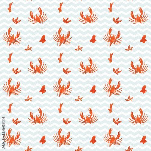 Sea watercolor seamless pattern with lobster, fish, sea star and waves. Colorful ocean seamless pattern on blue background. Seamless pattern with sea red jellyfishes. Ocean, water, sea.
