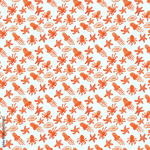 Sea watercolor seamless pattern with jellyfish, octopus, sea star. Red sea pattern seamless background in watercolor. Seamless pattern withjellyfish, octopus, sea star. Ocean, water, sea.