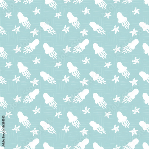 Sea watercolor seamless pattern with white jellyfishes and sea stars. White ocean seamless pattern on blue background in watercolor. Seamless pattern with jellyfish and sea star. Ocean, water, sea.