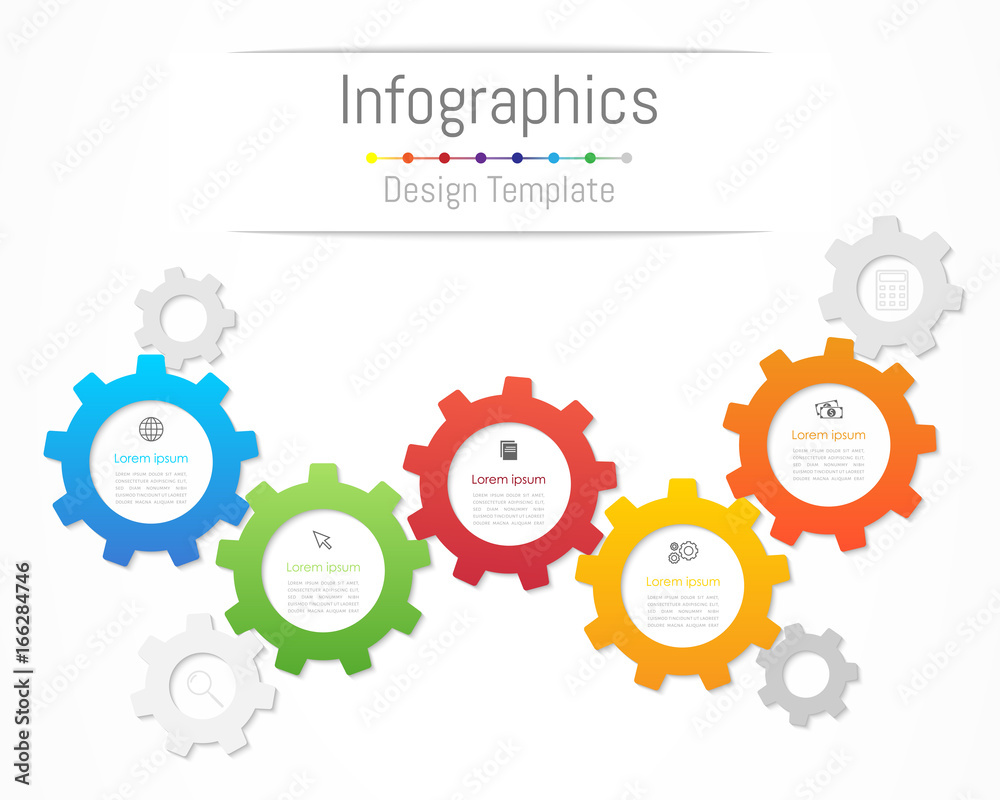 Infographic design elements for your business data with 5 options, parts, steps, timelines or processes. Gear wheel concept, Vector Illustration. Infographic design elements for your business data with 5 options, parts, steps, timelines or processes. Gear wheel concept, Vector Illustration.