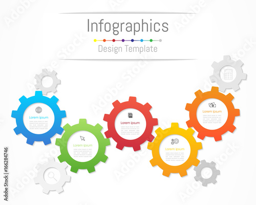 Infographic design elements for your business data with 5 options, parts, steps, timelines or processes. Gear wheel concept, Vector Illustration.