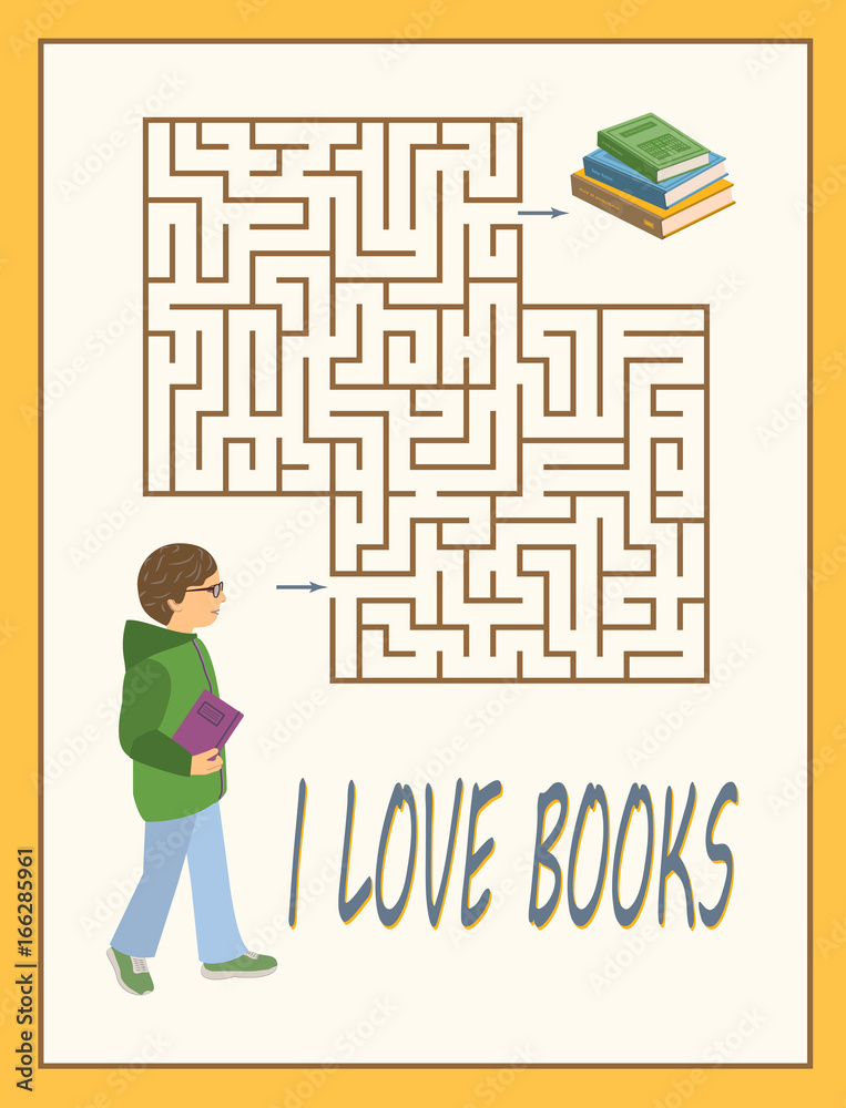 Maze or labyrinth game for kids in library and bookstore. Boy with glasses looking for books in library, bookstore or college Maze or labyrinth game for kids in library and bookstore. Boy with glasses looking for books in library, bookstore or college