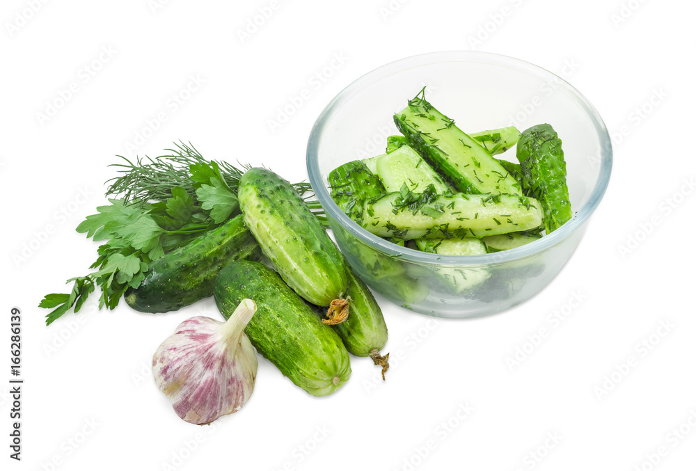 Lightly salted cucumbers and fresh cucumbers with potherb Lightly salted cucumbers and fresh cucumbers with potherb