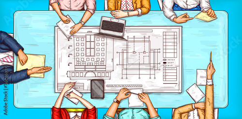 Vector pop art illustration of a man and a woman sitting at a negotiation table with a building plan lying on it, top view. Concept of brainstorming