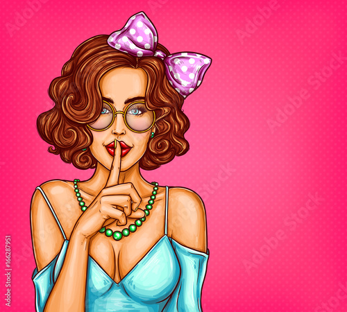 Vector pop art illustration of a sexy girl holding her finger on her lips and asking for silence, quiet, do not tell anyone. Excellent advertising poster for advertising discounts and sales
