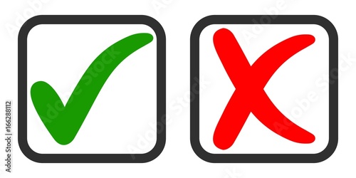 Icons yes and no, voting for and against, vector green tick and red cross in voting square