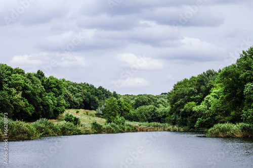 Summer country landscape with forest and lake on cloudy day