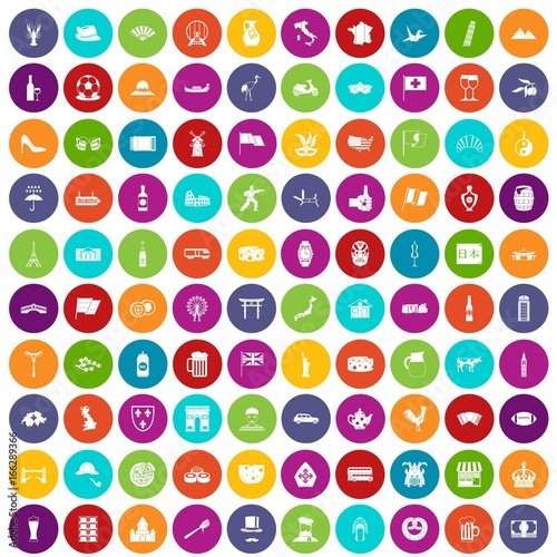 100 tourist attractions icons set color