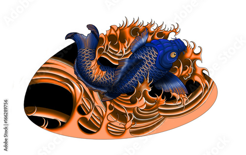 Japanese koi-fish tattoo design swimming in water. Oriental style.