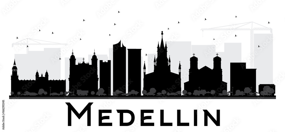Medellin City skyline black and white silhouette.