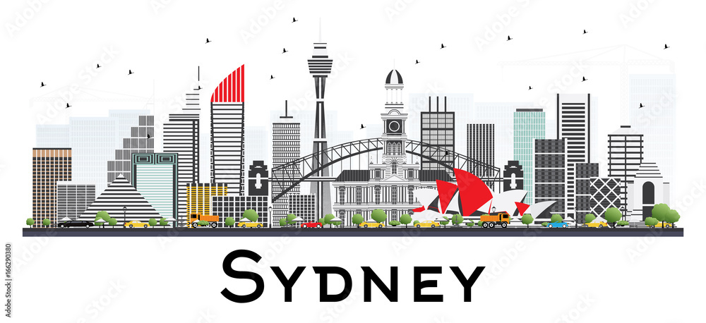 Sydney Australia Skyline with Gray Buildings Isolated on White Background.
