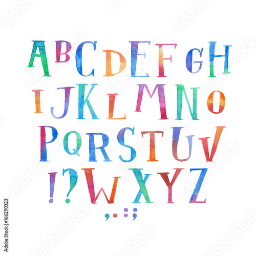 Colorful watercolor aquarelle font type handwritten hand draw abc alphabet letters