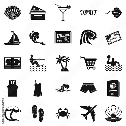 Tropical holiday icons set, simple style
