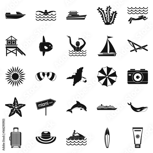 Tropical vacation icons set, simple style