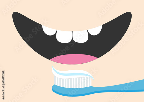 Brushing teeth Toothrush with toothpaste Mouth with tongue and healthy tooth. Smiling face. Body part. Cute cartoon character. Oral dental hygiene Brush paste icon. Baby background Flat design