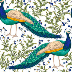 Acrylglasbilder Pfauenmuster Vintage Pfau mit Blüten im Aquarellstil  © kateja