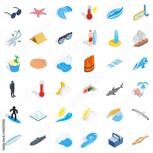 Rest in beach icons set, isometric style