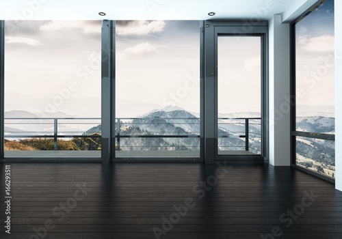 Spacious unfurnished room with view of mountains