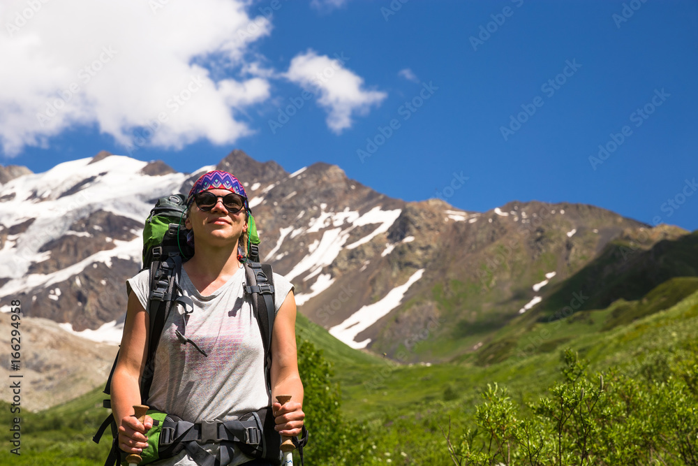 Happy hiker enjoy beautiful mountains. Relax summer time Happy hiker enjoy beautiful mountains. Relax summer time