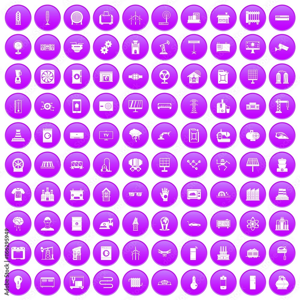 100 electrical engineering icons set purple