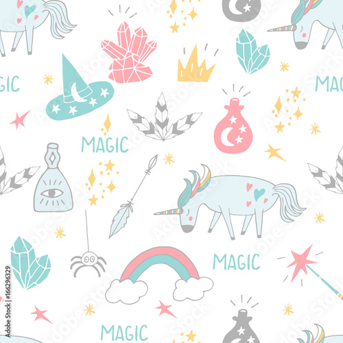 Cute hand drawn cartoon seamless pattern with unicorns, crystals and other magic elements. Vector background