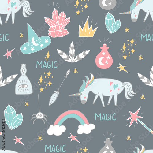 Cute hand drawn cartoon seamless pattern with unicorns  crystals and other magic elements. Vector background