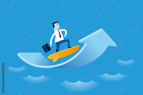 Concept art of businessman surf through wave