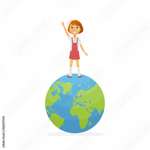 School Contest Winner - happy girl on the globe holding cup