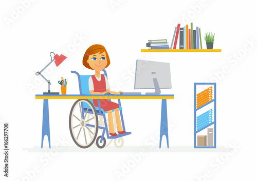 Online education - illustration of disabled school girl at home computer