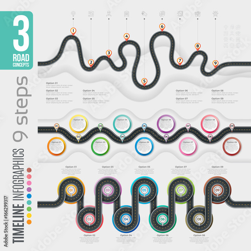 Navigation 9 steps timeline infographic concepts. 3 winding road
