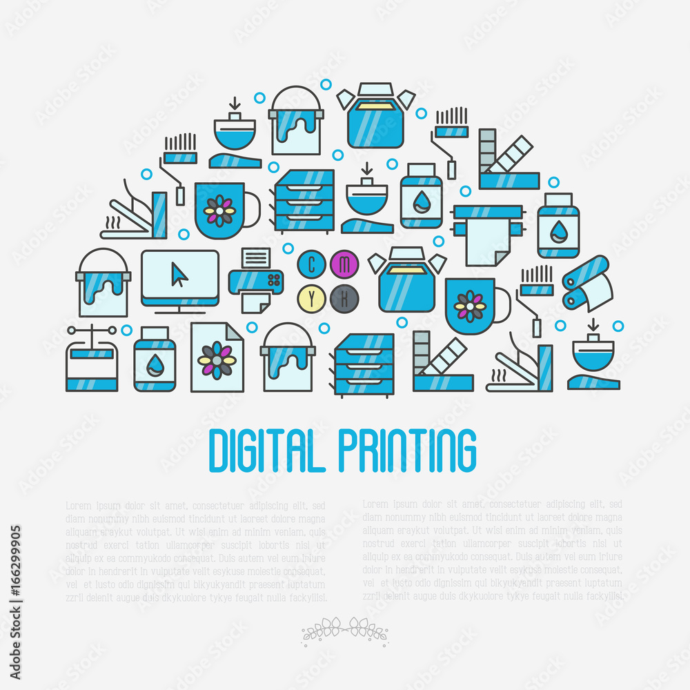 Digital printing concept with thin line icons. Vector illustration for web page, banner, print media. Digital printing concept with thin line icons. Vector illustration for web page, banner, print media.