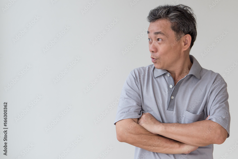 exited, confident, happy smiling old senior or middle age asian man looking away to blank space exited, confident, happy smiling old senior or middle age asian man looking away to blank space