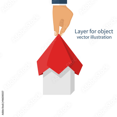 Man raises silk fabric with covered object. Project presentation concept. Red cloth hold in hand. Vector design flat style. Isolated on white background. For convenience, illustration in layers.