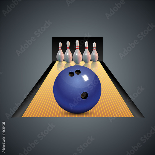 Bowling club poster with ball and bowling pins. Vector bowling game center background template leisure.