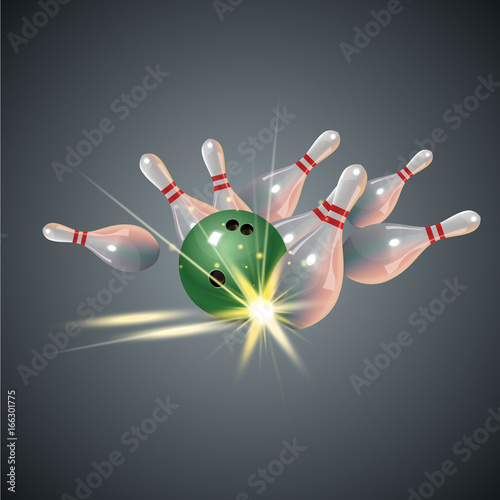 Realistic bowling strike concept on dark gray background.. Bowling strike with ball