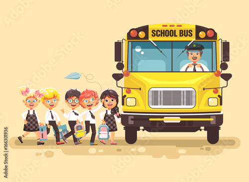 Vector illustration back to school cartoon characters schoolboy schoolgirls pupils apprentices cute cheerful children at bus stop go board school bus with driver on yellow background flat style