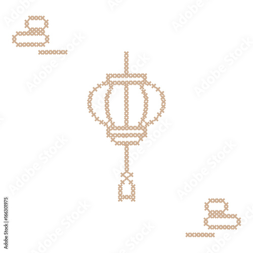 Cute vector illustration cross embroidery of chinese lantern and rocks for japanese rock garden.