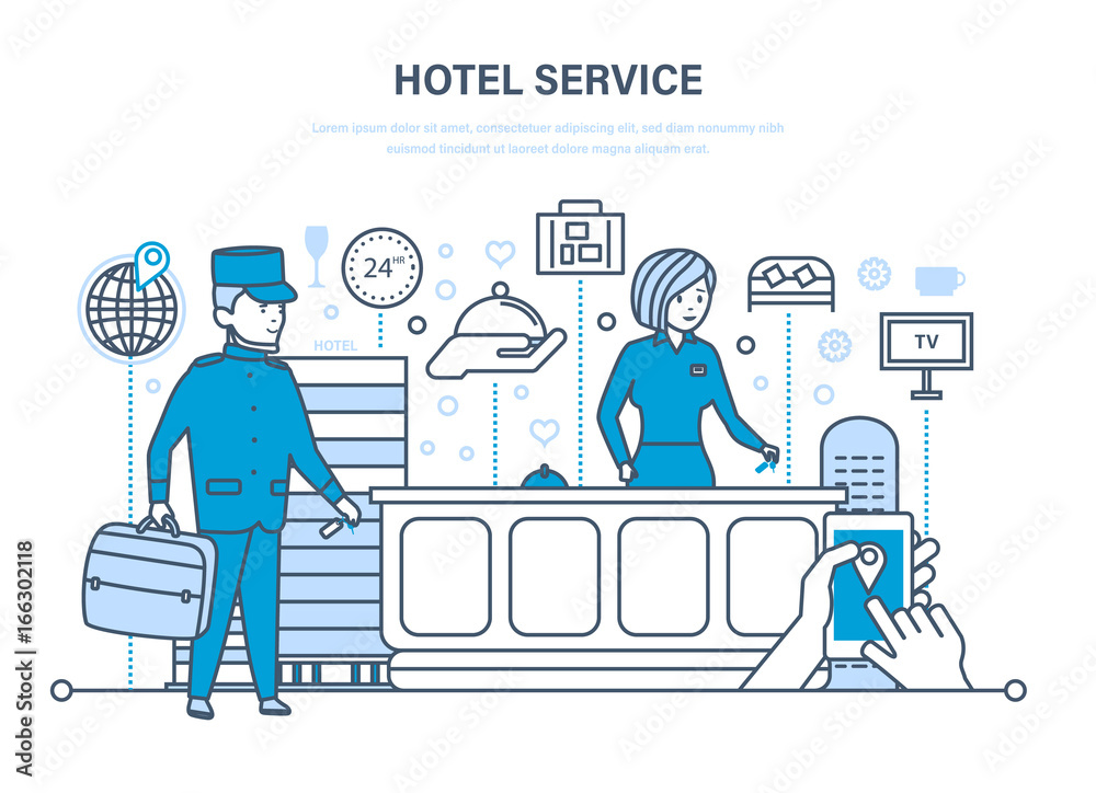 Hotel service. People working in hotel, reception. Vacation, tourism.