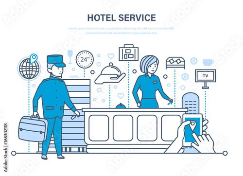 Hotel service. People working in hotel, reception. Vacation, tourism.