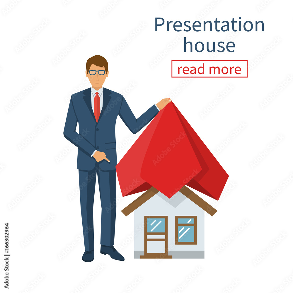 Businessman presents project at home. House covered red silk cloth. Opening construction concept. Vector illustration flat design. Isolated on white background. Show home. Estate transaction. Businessman presents project at home. House covered red silk cloth. Opening construction concept. Vector illustration flat design. Isolated on white background. Show home. Estate transaction.