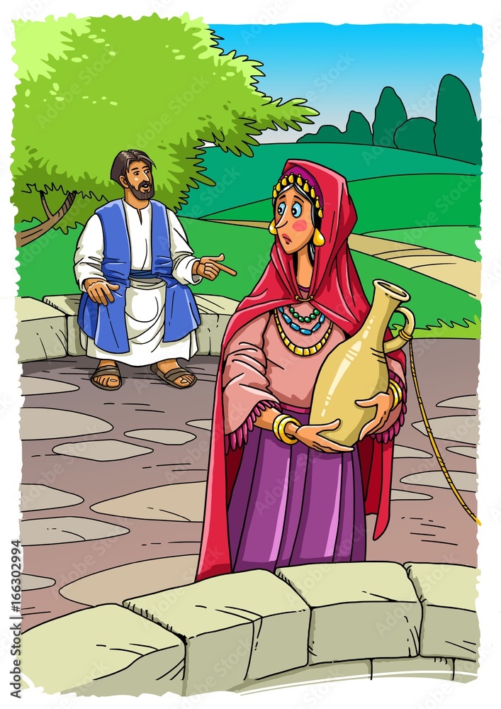Jesus talking to the Samaritan woman at the well Stock Illustration