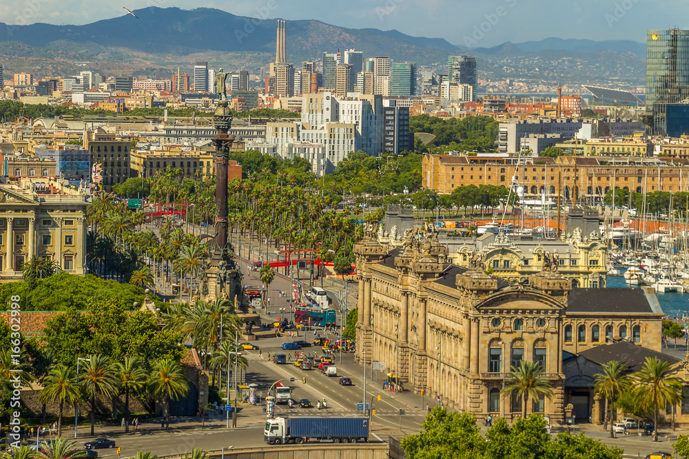 Aerial view over square Portal de la pau and Columbus Monument in Barcelona, Catalonia, Spain