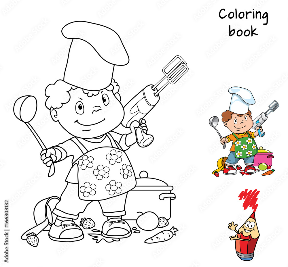 Fototapeta Little boy with a spoon and a mixer plays the chef. Coloring book. Cartoon vector illustration