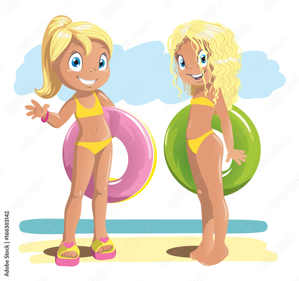 Two cute pretty little girls with swimming circles. Cartoon vector  illustration Stock Vector | Adobe Stock