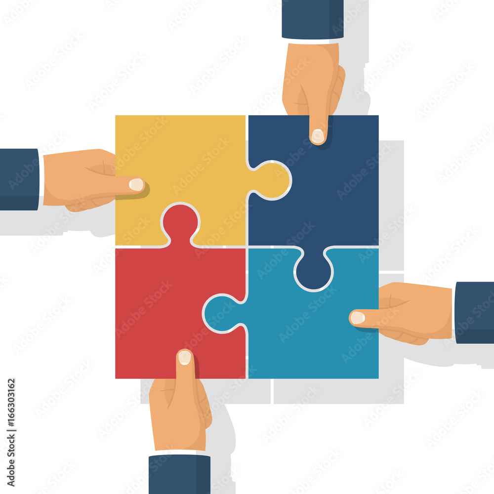 Man holding in hand puzzle element and looks for a solution to assemble  last jigsaw piece. Concept of project finishing, work solutions, suggestion  of creative ideas. Flat style vector illustration. 4737057 Vector