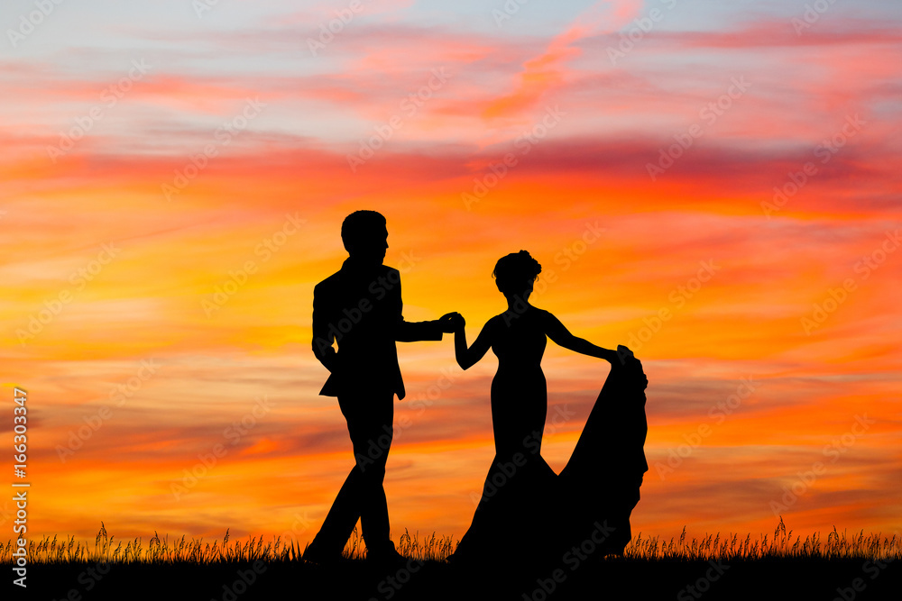 Just Married silhouette at sunset