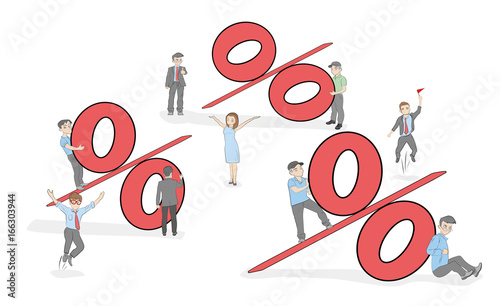 Sketch of working little people with big percent sign. Doodle cute miniature scene of workers and financial symbol. Hand drawn cartoon vector illustration for business design. 