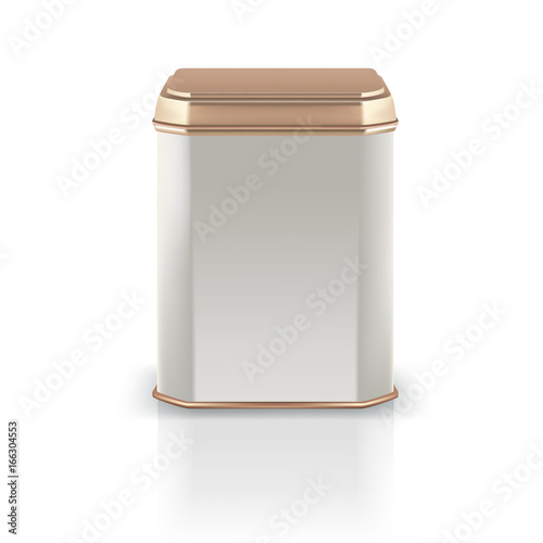 Vector 3d mockup. Silver square empty tin packaging with golden 